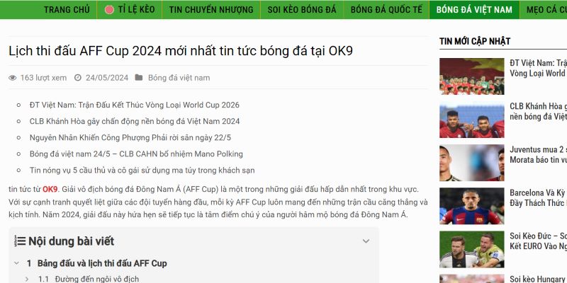 Lịch bóng đá tại OK9 đầy đủ thông tin